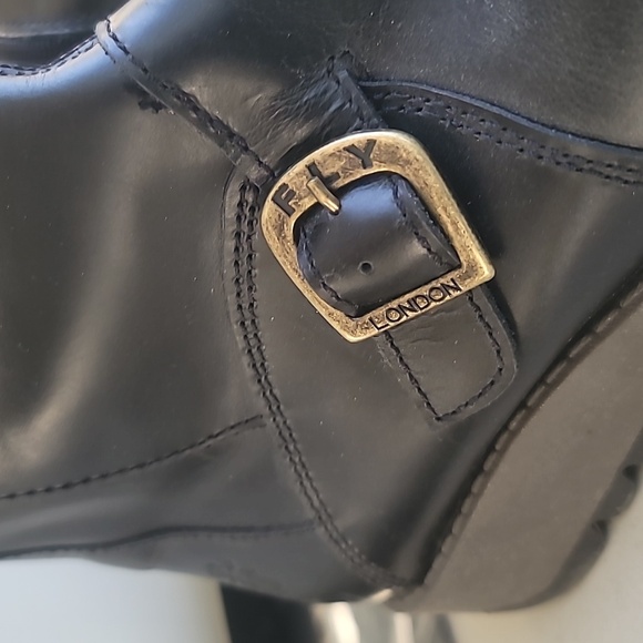 Fly London Womens  Sz 9 Black Mid-Calf Buckle Zipped Wedge Leather Boot Lug Moto - Picture 5 of 14